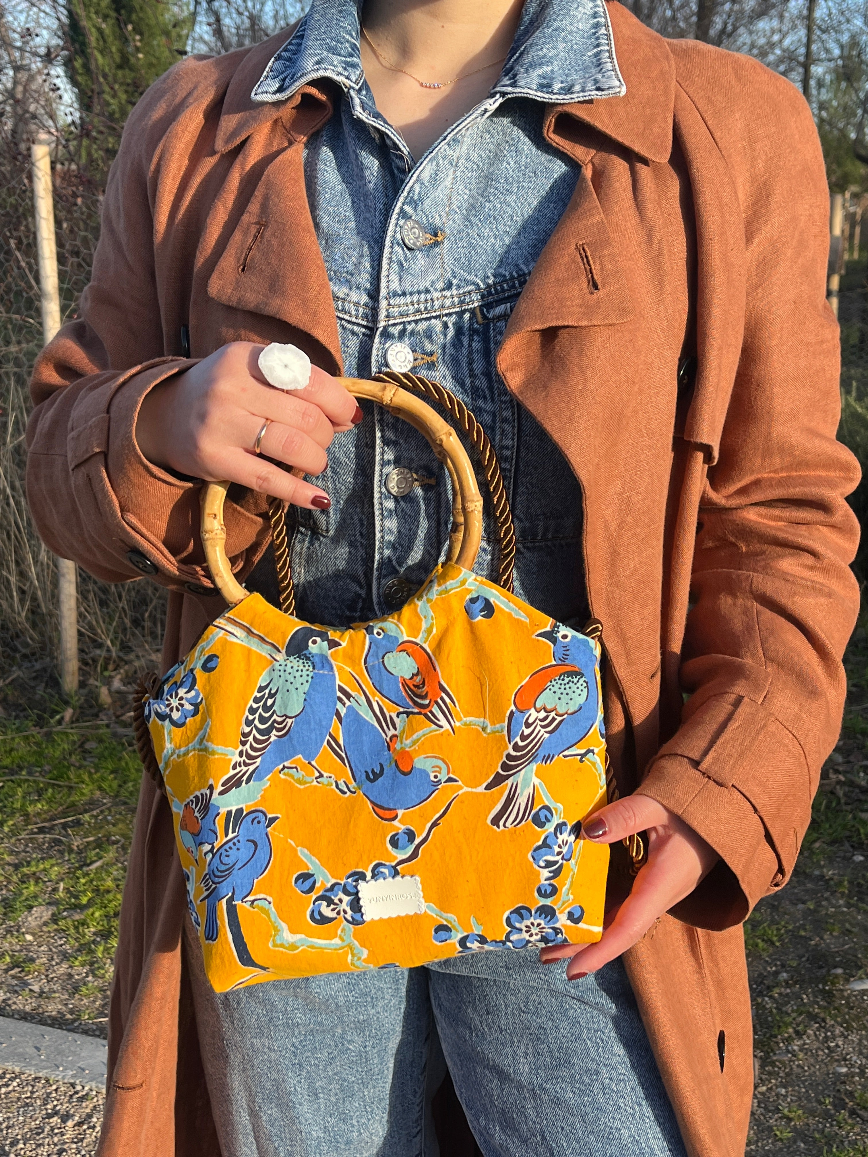 Yunyinrose bolso de algodón estampado oriental con asas de bambú