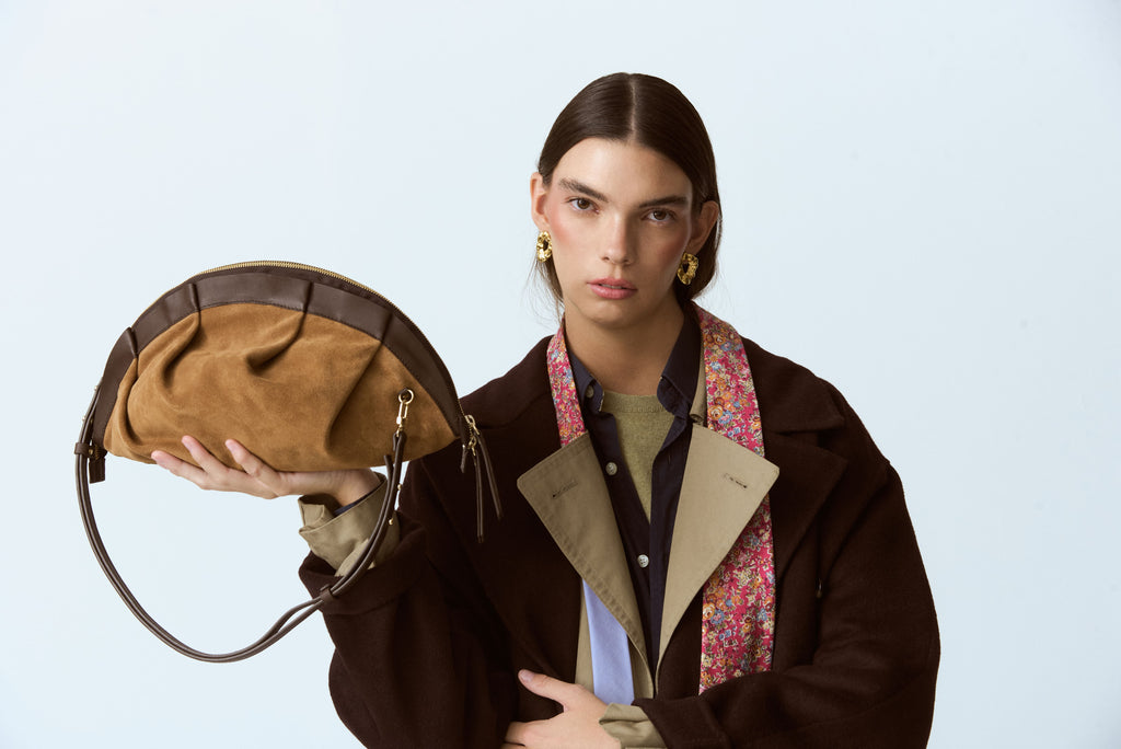 Bolso Gyoza Ante y Piel Miel