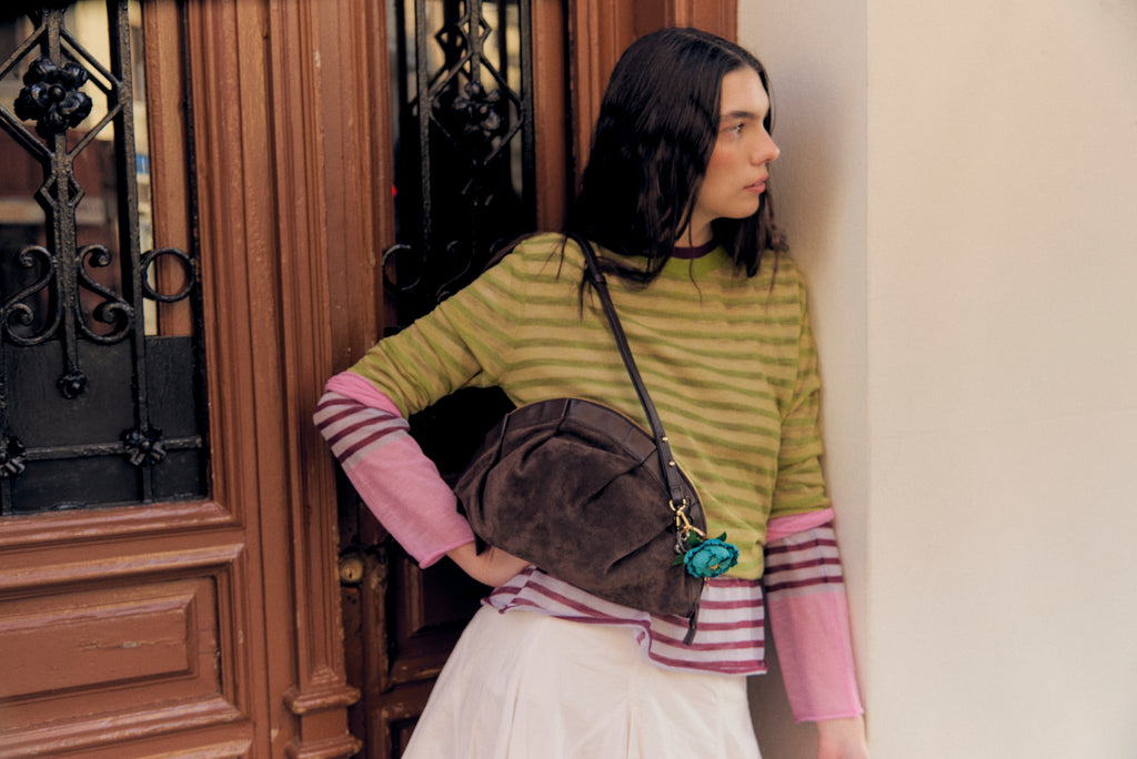 Bolso Gyoza Ante y Piel Cacao